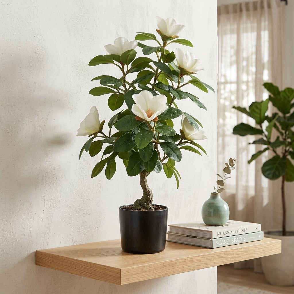 ENUTROF Magnolia Bonsai – Artificial White Flowering Magnolia Bonsai Tree 60cm for Home Decor ENUTROF