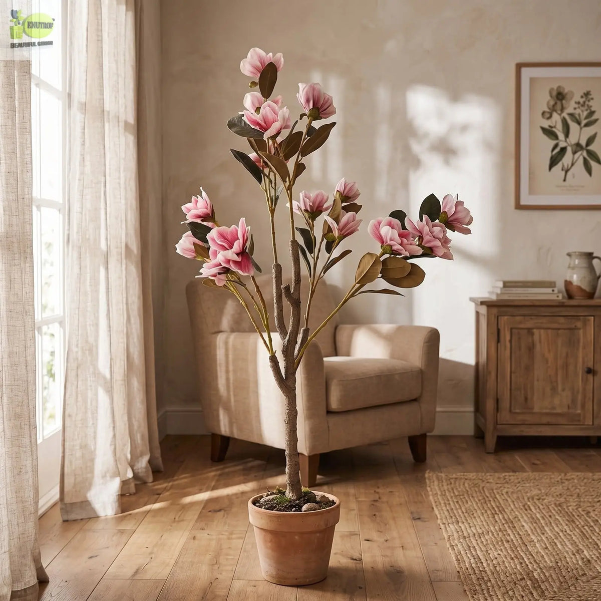 Magnolia Flower Tree Artificial Plant with White Pot | 130 cm Height Enutrof Decor